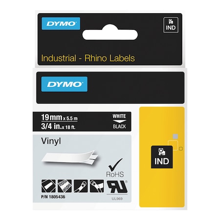 Dymo Rhino Permanent Vinyl Industrial Label Tape, 0.75 in. x 18 ft, Black/White Print 1805436